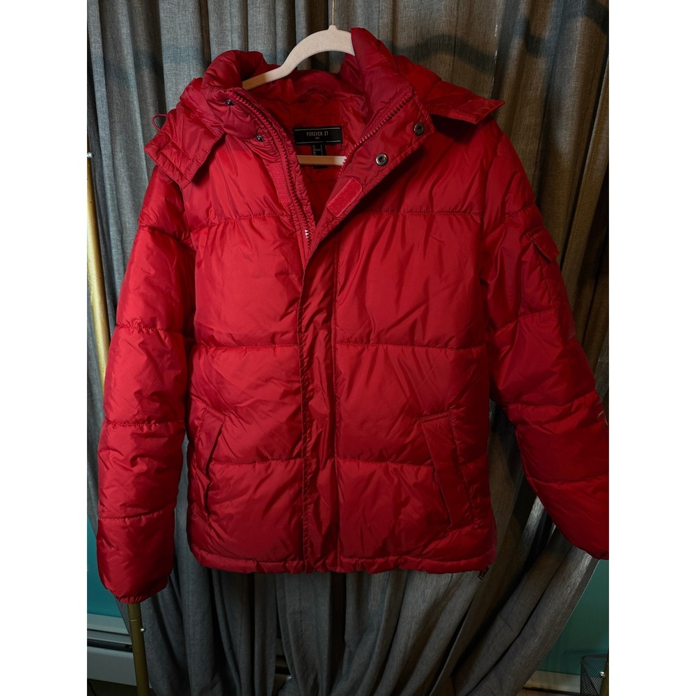 Forever 21 Men Red Puffer Jacket Detachable Hood Quilted Winter Coat Large